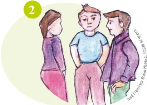 Tres personas conversando; ilustra concentrarse en lo que se escucha.