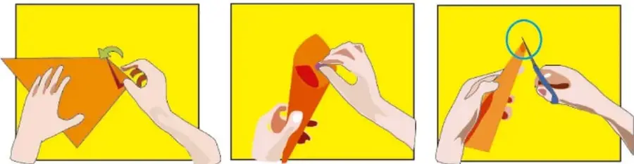 Tres recuadros amarillos muestran manos doblando y recortando un triángulo de papel naranja para formar un embudo; en el tercero se usan tijeras para cortar la punta.