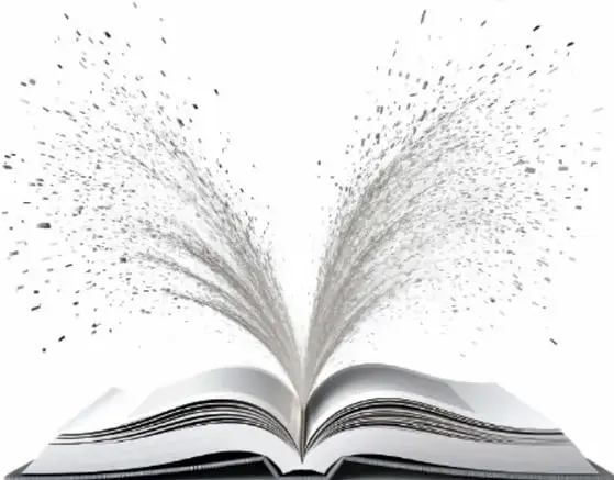 Ilustración de un libro abierto del que brotan letras y fragmentos que se dispersan hacia arriba, simbolizando la expresividad de los textos literarios.