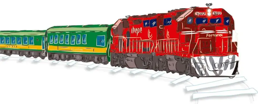Ilustración de una locomotora roja Ferromex con el logotipo Chepe (número 3022) que jala vagones verdes y amarillos del tren turístico por las vías.