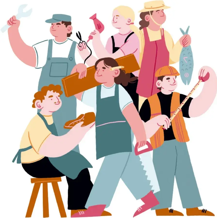 Ilustración de seis personas con diferentes oficios: un plomero alza una llave inglesa, un zapatero sentado repara un zapato, una carpintera carga madera y una sierra, una peluquera sostiene tijera y secadora, una partera o artesana con mandil rosa y un pescador con un pez. Ilustración de Ángela Sofía Hinojosa Reyes, Aguascalientes.