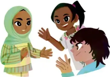 Ilustración de tres niñas conversando con simpatía; una viste un hiyab verde con vestido de rayas, otra tiene la piel morena y coletas, y la tercera viste verde; alude al respeto entre culturas. Crédito: Laura Ángeles Fernández, Ciudad de México.