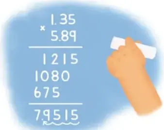 Mano sosteniendo un papel con la multiplicación vertical 1.35 × 5.89 con productos parciales 1215, 1080, 675 y resultado 7.9515.