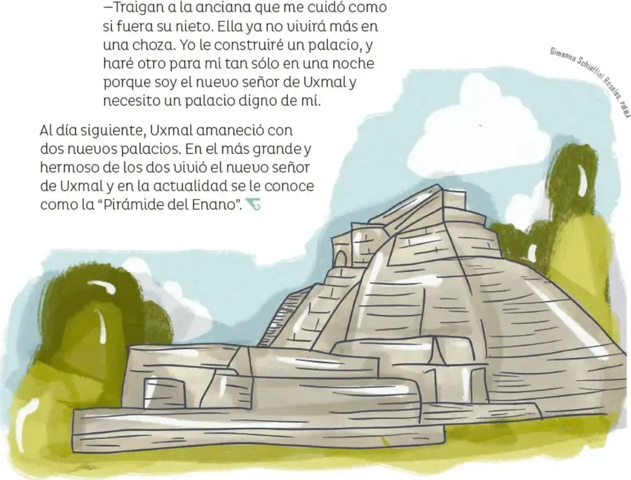 Ilustración de la gran pirámide escalonada de Uxmal, de piedra gris y beige, entre colinas verdes y nubes; representa la 'Pirámide del Enano'.