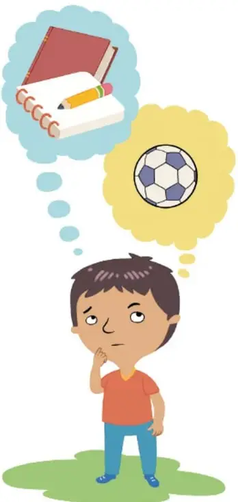 Ilustración de un niño pensando con dos globos de pensamiento: uno con libros y lápiz (estudio) y otro con un balón de fútbol (recreo), representando la elección entre opciones.