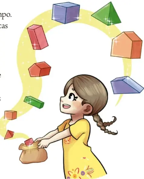 Ilustración de una niña con vestido amarillo y trenza, sosteniendo un costalito del que salen figuras geométricas de colores (cubos, pirámides, prismas) que representan las 'joyas' o características personales.
