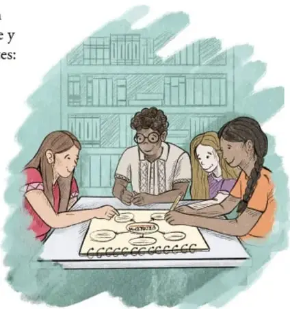 Ilustración de cuatro estudiantes trabajando alrededor de una mesa con un organizador gráfico sobre bienestar; crédito a Irán Martínez Suárez, Ciudad de México.