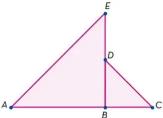 Figura geométrica que muestra dos triángulos: ABE y CBD, con vértices A, B, C, D, E. El triángulo ABE es más grande y contiene al triángulo CBD.