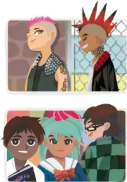Columna de dos imágenes: dos jóvenes con cresta de pelo de colores y chamarra de piel, y jóvenes con estilo y vestuario de anime japonés.
