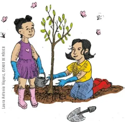 Ilustración de dos niñas sembrando y regando un árbol en la tierra, con mariposas y una pala en el suelo.