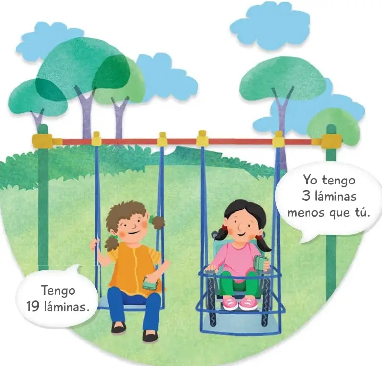 Ilustración de dos niñas en un columpio de una plaza; la de pelo castaño dice «Tengo 19 láminas» y la de pelo negro dice «Yo tengo 3 láminas menos que tú».