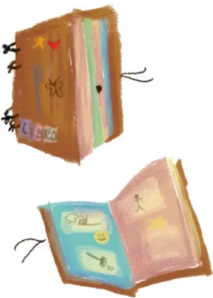 Libro cartonero cerrado de tapas color café con decoración de estrella, corazón, flor y mariposas, cosido con lana oscura en el lomo y un hilo que sobresale.