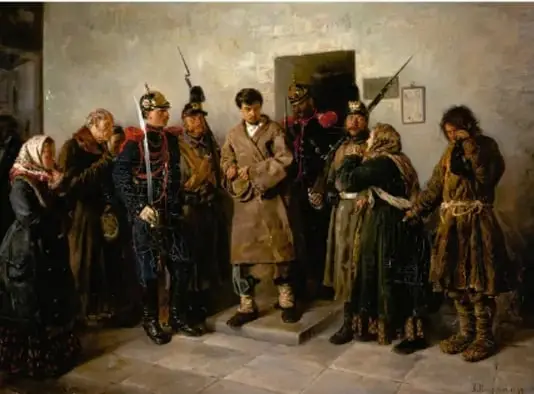 Reproducción de la pintura 'El condenado' (1879) de Vladimir Makovsky: grupo de personajes frente a una vivienda humilde; entre ellos destaca a un joven (Raskolnikov) escoltado por soldados, rodeado de vecinos con expresiones de conmoción.