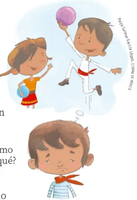 Dos niños jugando con pelotas, uno salta con una pelota morada y una niña sonríe con una pelota azul; debajo, un niño (Juan) con cara triste, camiseta a rayas y paliacate rojo.