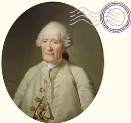 Retrato de Jacques de Vaucanson, con peluca blanca y traje de la época, dentro de un óvalo.