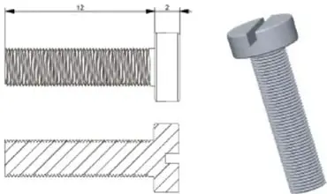 Dibujo técnico de un tornillo con cotas y su representación en perspectiva.