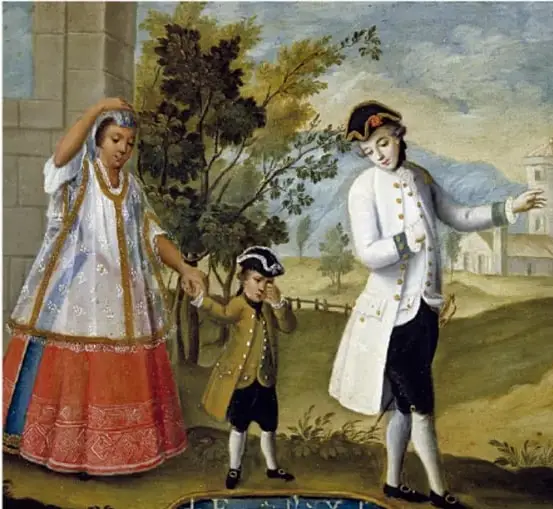 Ilustración de una escena costumbrista con una pareja y un niño vestidos con ropa de la época virreinal en un paisaje con árboles, casa y camino, que alude a la diversidad social y cultural de México.