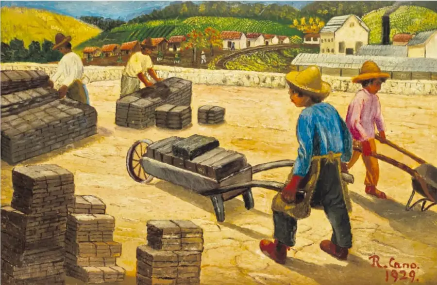 Pintura 'En Veracruz aprendimos a hacer adobes' (1929) de Ramón Cano Manilla. Muestra a varios trabajadores elaborando adobes en un patio; al fondo, paisaje verde con casas y montañas. Un hombre empuja una carretilla con adobes.