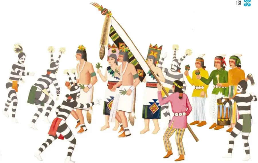 Ilustración de la Danza del maíz de otoño hopi: fila de bailarines con ropas tradicionales, cuerpos pintados a rayas blancas y negras, tocados con plumas, espigas de maíz, sonajas y una gran bandera ceremonial decorada.