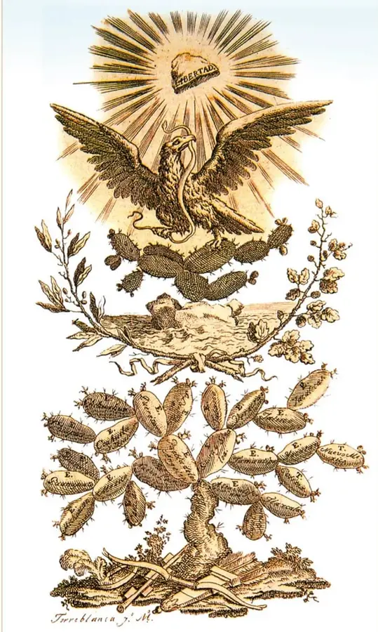 Litografía coloreada: sol irradiante con la palabra LIBERTAD, águila con serpiente sobre un nopal en una roca rodeada de agua, ramas de laurel y encino, nopales con iniciales de estados y, en la base, palmas y armas caídas. Firmada «Torreblanca y M.»