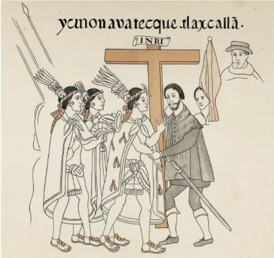 Grabado de un fraile franciscano sosteniendo una cruz junto a indígenas, con la inscripción 'yc mon ava tecque tlaxcallà' y 'INRI'.