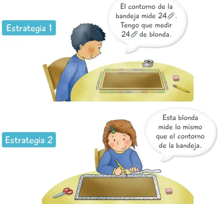 Niño de pelo rizado sentado junto a una bandeja rectangular sobre una mesa; alrededor del contorno hay marcas de unidad (blonda punteada) que muestran la iteración de la unidad de medida. Globo de texto: «El contorno de la bandeja mide 24. Tengo que medir 24 de blonda».