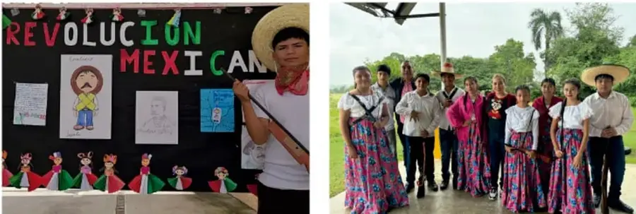 Fotografía de un salón con un cartel que dice 'REVOLUCIÓN MEXICANA', retratos de figuras históricas, dibujos de personajes con trajes típicos y un estudiante con sombrero y bandolera.