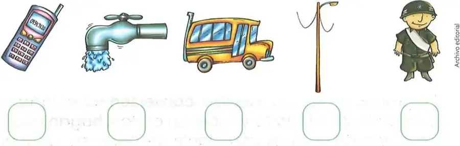 Cinco imágenes representan un teléfono, un grifo con agua, un bus, un poste de alumbrado público y una persona encargada de la seguridad.
