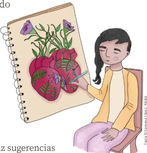 Ilustración de una niña sentada dibujando en un cuaderno espiralado; en la hoja se ve un corazón rodeado de plantas y flores. Crédito: Tania Villanueva López, PUEBA.