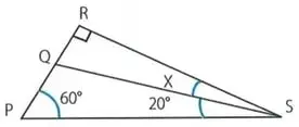 Triángulo con un segmento perpendicular y ángulos de $60^\circ$ y $20^\circ$.