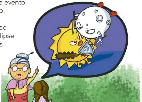 Ilustración de una abuela con reboque señalando el cielo, una niña de espaldas y un globo de diálogo donde aparecen el Sol y la Luna con rostros; la Luna sostiene una cuchara y el Sol tiene una expresión de enojo.