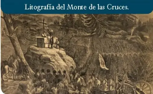 Litografía del Monte de las Cruces con paisaje y figuras.