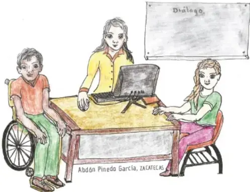 Dibujo a colores firmado por Abdón Pinedo García, Zacatecas: tres niños en una mesa con una computadora portátil y un cartel que dice 'Diálogo'; uno de ellos está en silla de ruedas.