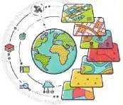 Ilustración relacionada con la competencia digital, que muestra un globo terráqueo rodeado de dispositivos tecnológicos y representaciones de mapas.
