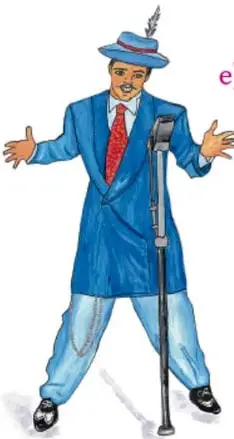 Ilustración de un animador con sombrero, saco azul y corbata roja, de pie frente a un micrófono de pie, con los brazos abiertos dando la bienvenida. Crédito: Lola Pelayo, JALISCO.