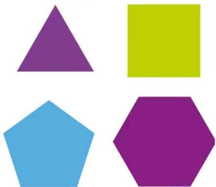 Cuatro polígonos de colores: triángulo morado, cuadrado verde lima, pentágono azul y hexágono morado, que ilustran los polígonos regulares referidos en la Etapa 7.