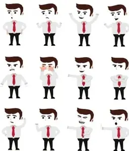 Serie de figuras esquemáticas mostrando posiciones de manos (en bolsillos, en la cabeza, etc.).