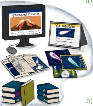 Ilustración de una computadora con la página 'Eruption Volcanoes' y 'El universo', junto con libros, revistas y tarjetas de cometas; obra de Marián Luna Cuellar, Veracruz.