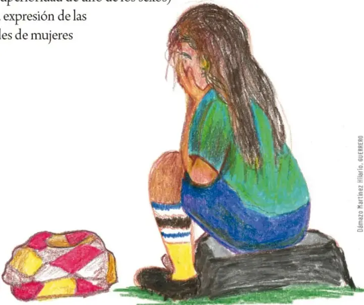 Dibujo a colores de una niña de cabello largo, de espaldas, sentada con la cabeza apoyada en la mano, con un balón de futbol junto a ella; expresa tristeza o desánimo, como la de una niña a la que se impide jugar o estudiar. Firma: Dámaso Martínez Hilario, Guerrero.