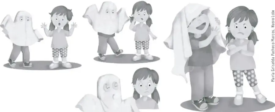 Ilustración en blanco y negro de niñas y niños jugando con sábanas o telas blancas, simulando fantasmas; una niña mayor cubre con una tela a un niño que ríe, mientras otra niña observa con gesto de sorpresa. Crédito: María Griselda Padhier Marcos, Niña Lúa.