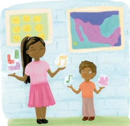 Ilustración de una niña y un niño en un salón, sosteniendo imágenes o tarjetas (notas musicales y otros símbolos), frente a una pared con dibujos y juegos educativos. Crédito: Vivian Lissette Esquivel Martínez, Estado de México.