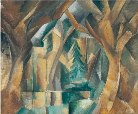 Reproducción de El parque de Carrières-Saint-Denis (1909) de Georges Braque: paisaje de árboles y vegetación construido con planos angulares en verdes, ocres y azules.
