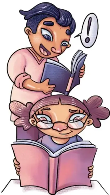 Ilustración de dos niños leyendo libros, uno con expresión sorprendida y otro con lentes; crédito: Lavinia Cabrera Sandoval, Tabasco.