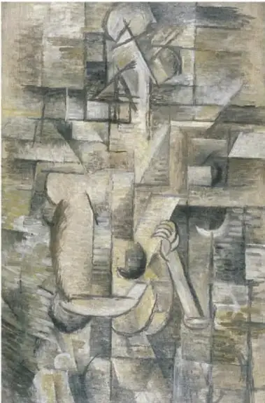 Reproducción del cuadro *Mujer con mandolina* (1910) de Georges Braque, donde una figura femenina aparece fragmentada en planos geométricos con tonos ocres y grises.