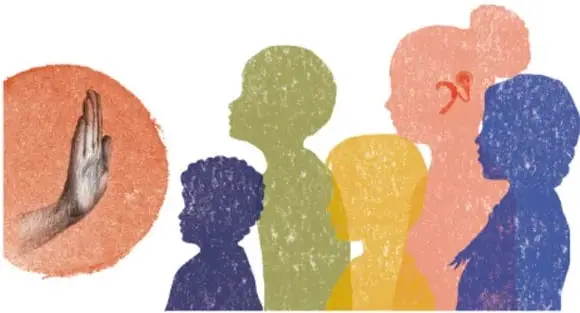 Ilustración de Rosana Mesa Zamudio (PUEBLA) con siluetas de varias personas de colores y una mano levantada en gesto de alto, representando la discriminación.