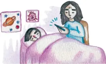 Niña enferma en cama y una persona adulta revisando un teléfono, representando el cuidado en casa y la atención médica.