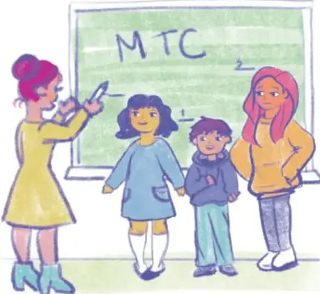 Ilustración de una maestra y alumnos frente a un pizarrón con 'MTC 2'. Crédito: Debbie Vieyra Laguna, BAJA CALIFORNIA.