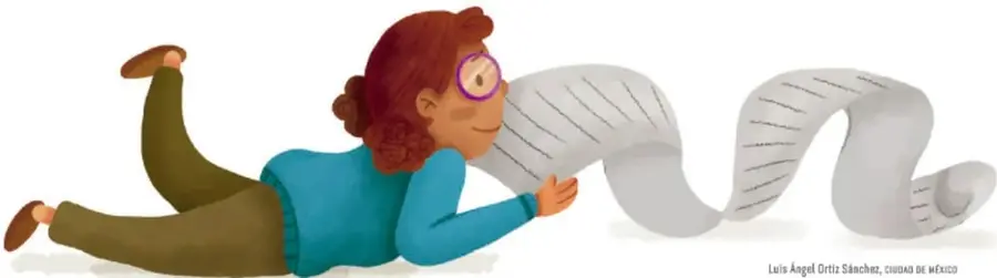 Ilustración de una niña recostada leyendo un rollo largo de papel, como si fuera un instructivo.