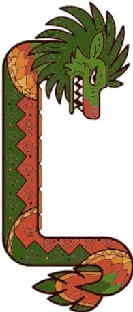 Ilustración de una serpiente emplumada estilo mexica (Quetzalcóatl) con cuerpo verde y rojo ornamentado, en forma de letra mayúscula.
