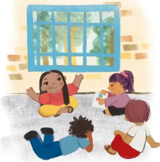 Ilustración de cuatro niñas y niños sentados en el piso frente a una ventana, conversando y trabajando juntos; crédito a Debbie e Vieyra Laguna, AKA CALIFORNIA.